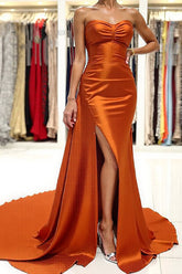 Long Orange Mermaid Prom Dress with Sweetheart Neckline and Satin Train