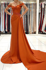 Long Orange Satin Mermaid Prom Dress with Off-Shoulder Neckline and Train