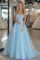 Off the Shoulder Sky Blue Long Prom Dress in A-Line Tulle with Appliques