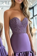 Sweetheart Long Prom Dress in Plum Mermaid Satin with Appliques