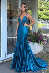 Long Satin Prom Dress with Sparkly Peacock Mermaid Straps and Appliques