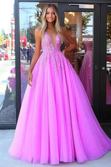 Long Fuchsia Prom Dress in A-Line Silhouette with Spaghetti Straps and Sequined Tulle Appliques