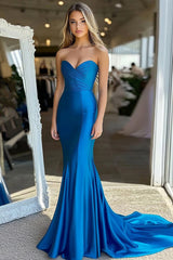 Strapless Long Satin Mermaid Dress in Royal Blue with Ruched Detail