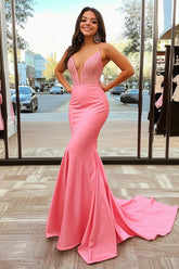 Long Satin Mermaid Dress with Sparkly Pink Beading and Spaghetti Straps