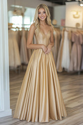 Long Beaded Strapless Prom Dress in Sparkly Gold with A-Line Corset