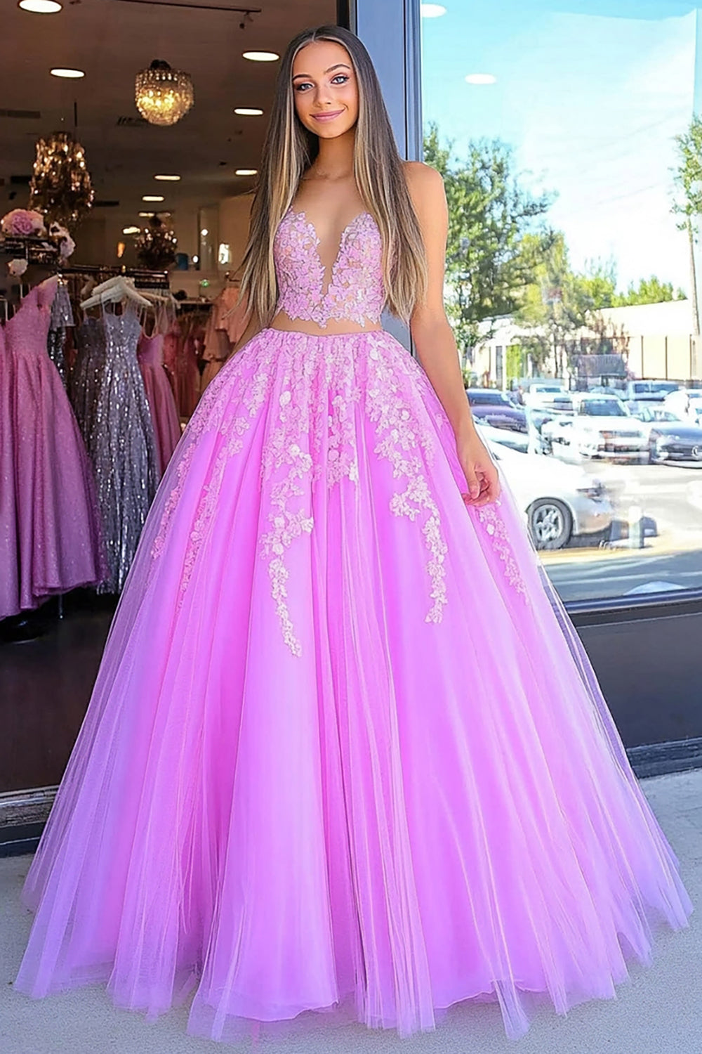 2-Piece Sweetheart Ball Gown in Princess Fuchsia Tulle with Appliques