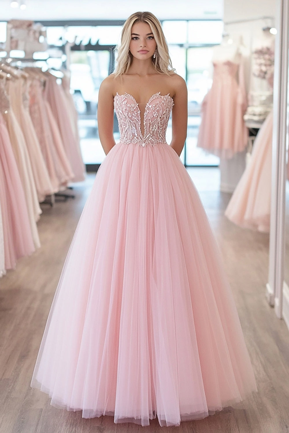 Strapless Pink Sparkly Tulle Ball Gown with Sequined A-Line Appliques