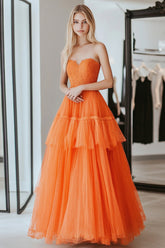 Long Strapless Prom Dress in Orange with A-Line Tulle Ruffles and Lace Appliques