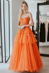 Long Strapless Prom Dress in Orange with A-Line Tulle Ruffles and Lace Appliques