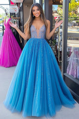 Long Plunging V-Neck Prom Dress in Sparkly Blue Tulle with Sequined A-Line