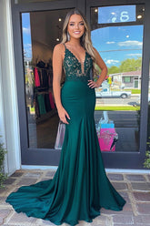 Long Satin Prom Dress in Sparkly Dark Green with Mermaid Silhouette and Spaghetti Straps Adorned with Appliques