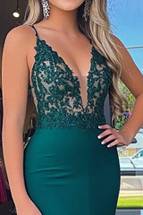 Long Satin Prom Dress in Sparkly Dark Green with Mermaid Silhouette and Spaghetti Straps Adorned with Appliques
