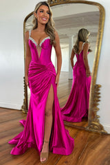 Long Mermaid Corset Prom Dress with Hot Pink Spaghetti Straps and Ruched Slit