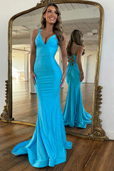 Deep V-Neck Backless Mermaid Prom Dress in Elegant Blue Satin with Spaghetti Straps