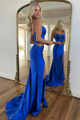 Elegant Royal Blue Mermaid Prom Dress with Spaghetti Straps Satin Cut-out and Long Slit