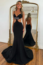 Long Black Prom Dress with Spaghetti Straps Mermaid Cut-out Open Back and Bow