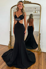 Long Black Prom Dress with Spaghetti Straps Mermaid Cut-out Open Back and Bow