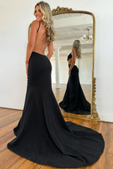 Long Black Prom Dress with Spaghetti Straps Mermaid Cut-out Open Back and Bow