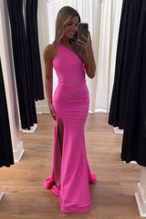 Long Satin Mermaid Prom Dress with One Shoulder and Slit in Fuchsia