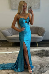 Long Mermaid Prom Dress in Sparkly Blue with Sequin Spaghetti Straps and Slit