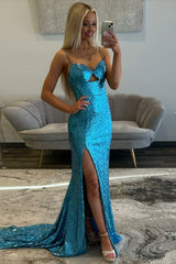 Long Mermaid Prom Dress in Sparkly Blue with Sequin Spaghetti Straps and Slit