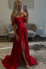 Long Pleated Red Prom Dress with Sparkly Off-The-Shoulder A-Line and Slit