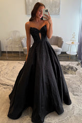 Long Black A-Line Prom Dress with Sweetheart Neckline Beaded Corset and Bow