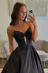 Long Black A-Line Prom Dress with Sweetheart Neckline Beaded Corset and Bow