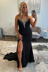 Long Black Beaded Mermaid Prom Dress with Strapless Neckline and Slit