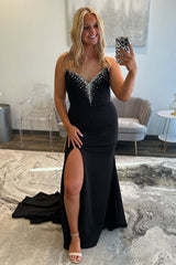Long Black Beaded Mermaid Prom Dress with Strapless Neckline and Slit