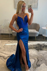 Long Mermaid Prom Dress in Royal Blue with Beaded Spaghetti Straps and Satin Slit