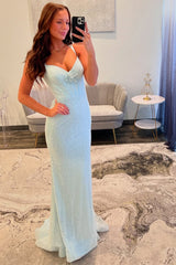Long Mermaid Prom Dress with Light Pink Spaghetti Straps and Beaded Corset