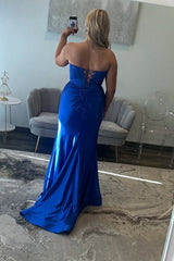 Royal Blue Sweetheart Mermaid Satin Prom Corset Dress with Slit