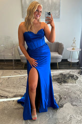 Royal Blue Sweetheart Mermaid Satin Prom Corset Dress with Slit