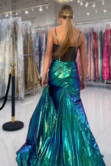 Long Green Metallic Mermaid Prom Dress with Spaghetti Straps and Slit Corset