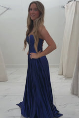 Metallic Pleated Long Corset Prom Dress in Royal Blue with Sweetheart Neckline and Slit