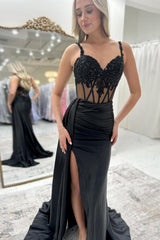Long Mermaid Prom Corset Dress in Black Satin with Spaghetti Straps and Slit