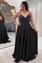 Long A-Line Corset Prom Dress with Black Spaghetti Straps and Beading