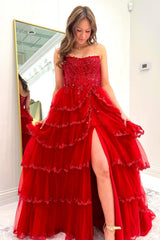 Long Strapless Princess Prom Dress in Dark Red with Ruffled Tulle and Slit