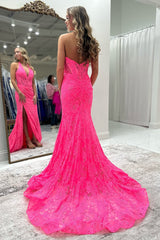 Long Corset Prom Dress in Pink with Halter Neck and Mermaid Slit