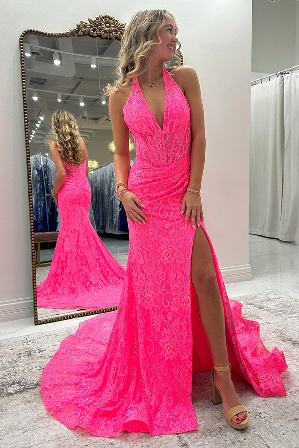 Long Corset Prom Dress in Pink with Halter Neck and Mermaid Slit