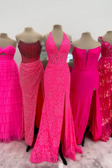 Long Corset Prom Dress in Pink with Halter Neck and Mermaid Slit