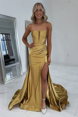 Long Strapless Gold Corset Prom Dress with Mermaid Silhouette and Ruched Slit