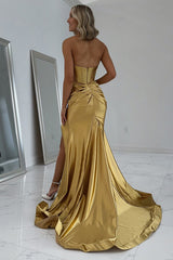 Long Strapless Gold Corset Prom Dress with Mermaid Silhouette and Ruched Slit