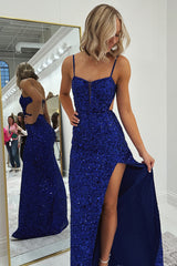 Royal Blue Sparkling Strapless Sequin Mermaid Prom Dress with Open Back and Slit