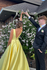 Long A-Line Prom Dress in Yellow Satin with Spaghetti Straps