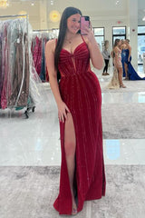 Long Burgundy Mermaid Prom Dress Featuring Spaghetti Straps and a Slit