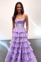 Lavender Sparkly Long Corset Prom Dress in Strapless Chiffon A-Line