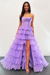 Lavender Sparkly Long Corset Prom Dress in Strapless Chiffon A-Line