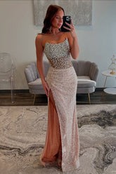 Long Strapless Prom Dress in Sparkly Champagne with Slit